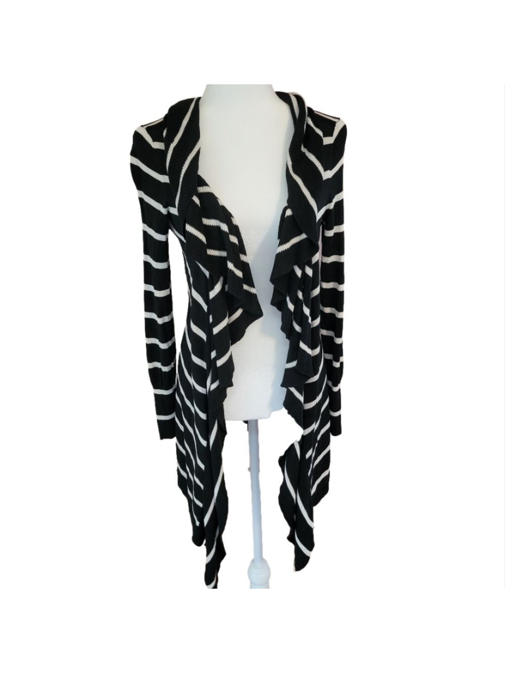 WHBM Black And Cream Striped Silk Blend Waterfall Cardigan Sweater Size Sm EUC